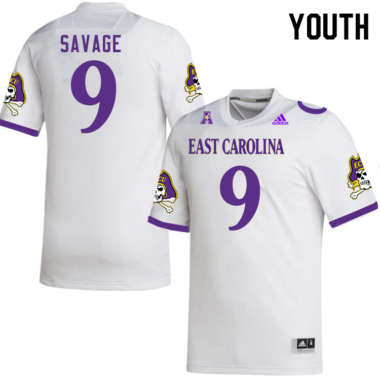 Youth #9 Tyler Savage ECU Pirates 2023 College Football Jerseys Stitched-White - Click Image to Close
